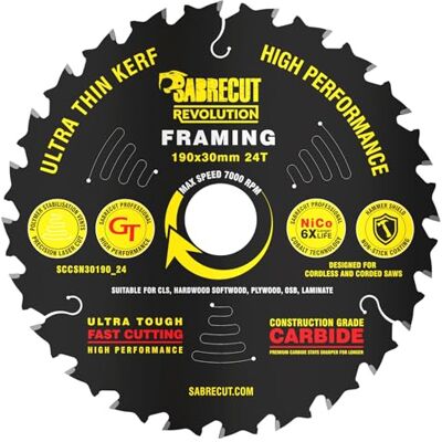 SabreCut 1 unidade 190 mm 24T 30 mm eixo madeira disco circular TCT SabreCut 1 unidade 190 mm 24T 30 mm eixo madeira disco circular TCT