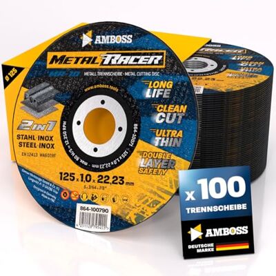Amboss Werkzeuge 100 discos de corte de metal com 125 x 1 x 22,23 mm de diâmetro. O disco de corte de metal Metal Racer by Ambos é adequado para aço e aço inoxidável, disco de corte de aço / aço inoxidável 125 Amboss Werkzeuge 100 discos de corte de metal com 125 x 1 x 22,23 mm de diâmetro. O disco de corte de metal Metal Racer by Ambos é adequado para aço e aço inoxidável, disco de corte de aço / aço inoxidável 125