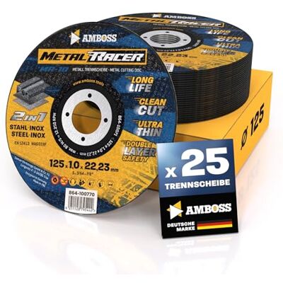 Amboss Werkzeuge 25 discos de corte de metal com 125 x 1 x 22,23 mm de diâmetro. O disco de corte Metal Racer by é adequado para aço e aço inoxidável. Amboss Werkzeuge 25 discos de corte de metal com 125 x 1 x 22,23 mm de diâmetro. O disco de corte Metal Racer by é adequado para aço e aço inoxidável.