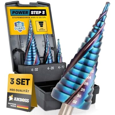 Amboss Werkzeuge Conjunto de brocas escalonadas (diâmetro 4-12 + 4 – 20 + 4-32 mm/3 unidades, brocas cônicas profissionais para metal, HSS-E Co 5% / Yunque PowerStep 3 TiAlSiN Blue Nano Guard/para aço, aço inoxidável) Amboss Werkzeuge Conjunto de brocas escalonadas (diâmetro 4-12 + 4 – 20 + 4-32 mm/3 unidades, brocas cônicas profissionais para metal, HSS-E Co 5% / Yunque PowerStep 3 TiAlSiN Blue Nano Guard/para aço, aço inoxidável)