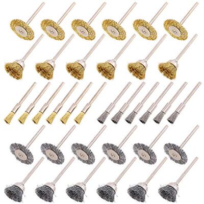 Swpeet Kit de 72 escovas de roda de arame, inclui conjunto de escovas de arame de latão e aço com haste de 3 mm (1/8 pol.) para acessórios de ferramentas rotativas, ferramentas de polimento e Swpeet Kit de 72 escovas de roda de arame, inclui conjunto de escovas de arame de latão e aço com haste de 3 mm (1/8 pol.) para acessórios de ferramentas rotativas, ferramentas de polimento e