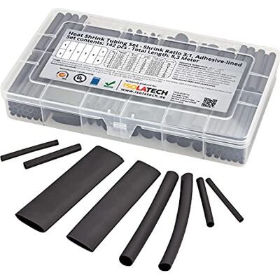 ISOLATECH Conjunto de 142 peças de tubo termorretrátil 3:1 preto com cola interna. Comprimento total de 8,3 m numa caixa prática. Da ISOLATECH Conjunto de 142 peças de tubo termorretrátil 3:1 preto com cola interna. Comprimento total de 8,3 m numa caixa prática. Da