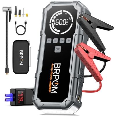 BRPOM Iniciador de baterias de carro 8000A com compressor de ar 160 PSI, arranque de carros de 12 V, para motores, gasolina e diesel até 12 l, ecrã LCD de 3,2 polegadas e luz LED 600 LM BRPOM Iniciador de baterias de carro 8000A com compressor de ar 160 PSI, arranque de carros de 12 V, para motores, gasolina e diesel até 12 l, ecrã LCD de 3,2 polegadas e luz LED 600 LM