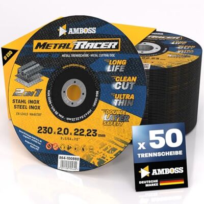 Amboss Werkzeuge 50 discos de corte de metal de 230 x 2 x 22,23 mm. O disco de corte Metal Racer by é adequado para aço e aço inoxidável Amboss Werkzeuge 50 discos de corte de metal de 230 x 2 x 22,23 mm. O disco de corte Metal Racer by é adequado para aço e aço inoxidável