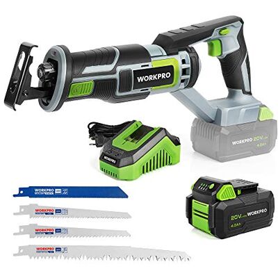 WORKPRO Serra sabre sem fio, serra alternativa de 20 V, serra de sabre com LED, inclui 4 folhas de serra, bateria de 4,0 Ah, carregador rápido, velocidade variável para cortar madeira e metal WORKPRO Serra sabre sem fio, serra alternativa de 20 V, serra de sabre com LED, inclui 4 folhas de serra, bateria de 4,0 Ah, carregador rápido, velocidade variável para cortar madeira e metal