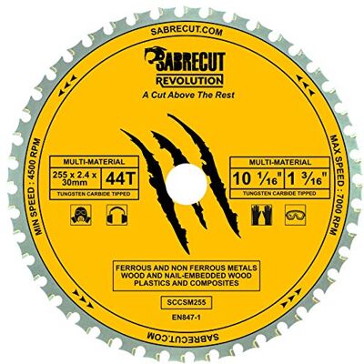 SabreCut SCCSM255_44 Lâmina de serra circular (255 mm, 44 T x 30 mm, 25,4 mm, 20 mm, 16 mm, metal, madeira, plástico), compatível com Bosch Dewalt Makita Milwaukee e muitos outros. SabreCut SCCSM255_44 Lâmina de serra circular (255 mm, 44 T x 30 mm, 25,4 mm, 20 mm, 16 mm, metal, madeira, plástico), compatível com Bosch Dewalt Makita Milwaukee e muitos outros.