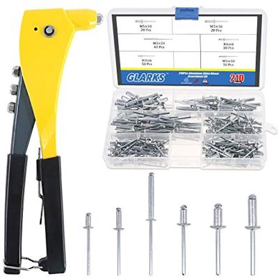 Glarks Conjunto de rebitadoras resistentes, kit sortido de 210 rebites cegos de alumínio e uma pistola rebitadora profissional para trabalhos de chapa, automóvel, ferroviário e dutos (pistola de Glarks Conjunto de rebitadoras resistentes, kit sortido de 210 rebites cegos de alumínio e uma pistola rebitadora profissional para trabalhos de chapa, automóvel, ferroviário e dutos (pistola de