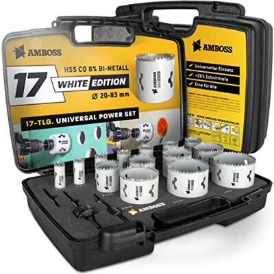 Amboss Werkzeuge Amboss M Conjunto de serras bimetálicas de 19 a 83 mm de diâmetro (17 peças), para alumínio, aço, painéis de gesso, madeira, etc. / White Edition 17 Universal Power Set Amboss Werkzeuge Amboss M Conjunto de serras bimetálicas de 19 a 83 mm de diâmetro (17 peças), para alumínio, aço, painéis de gesso, madeira, etc. / White Edition 17 Universal Power Set