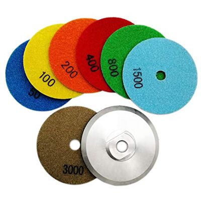 SHDIATOOL Diamante almofada de polimento 7 peças grão misto e um encosto de alumínio para polir a seco mármore granito pedra cerâmica dia 100 mm / 4 polegadas SHDIATOOL Diamante almofada de polimento 7 peças grão misto e um encosto de alumínio para polir a seco mármore granito pedra cerâmica dia 100 mm / 4 polegadas