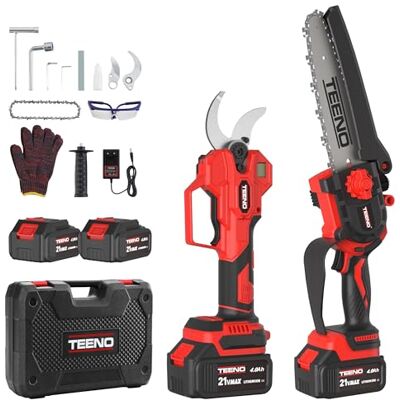 TEENO Set 2 em 1 ferramentas jardinagem: mini motosserra bateria 6", tesoura de podar elétrica sem fios 0-40 mm, 2 baterias 4,0 Ah, lâminas de aço SK5 TEENO Set 2 em 1 ferramentas jardinagem: mini motosserra bateria 6", tesoura de podar elétrica sem fios 0-40 mm, 2 baterias 4,0 Ah, lâminas de aço SK5