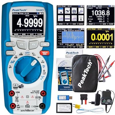 PeakTech 3440 Multímetro Digital RMS com Bluetooth 4.0 e Ecrã Gráfico, 50000 Contagens, Portátil Profissional, TUV / GS, Medidor de Tensão de Intervalo Automático, Probador de Continuidade Cat III PeakTech 3440 Multímetro Digital RMS com Bluetooth 4.0 e Ecrã Gráfico, 50000 Contagens, Portátil Profissional, TUV / GS, Medidor de Tensão de Intervalo Automático, Probador de Continuidade Cat III
