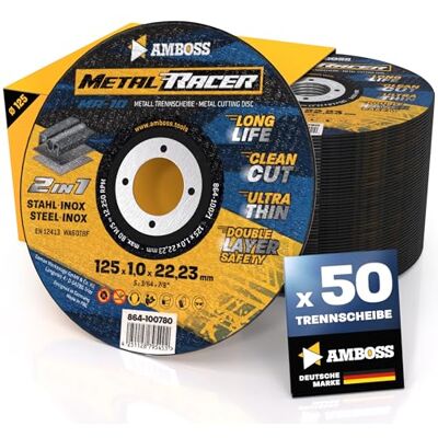 Amboss Werkzeuge 50 discos de corte de metal de 125 x 1 x 22,23 mm. O disco de corte de metal Racer by é adequado para aço e aço inoxidável Amboss Werkzeuge 50 discos de corte de metal de 125 x 1 x 22,23 mm. O disco de corte de metal Racer by é adequado para aço e aço inoxidável