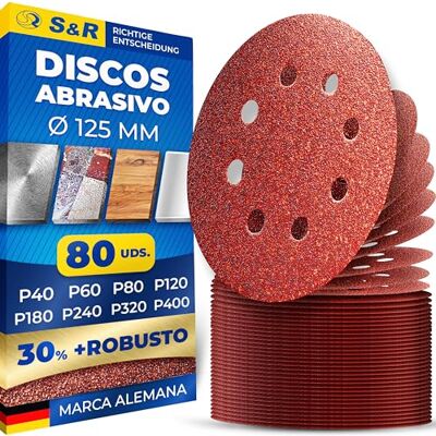 S&R 80 discos, papel lixa premium, folhas de papel abrasivo, 125 mm. Grão 60/80/120/180/240/320/400 (70 peças) 8 orifícios para lixadeira orbital S&R 80 discos, papel lixa premium, folhas de papel abrasivo, 125 mm. Grão 60/80/120/180/240/320/400 (70 peças) 8 orifícios para lixadeira orbital