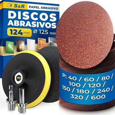 S&R 120 papel de lixa 125 mm. Disco abrasivo de 125 grãos 40, 60, 80, 100, 120, 180, 240, 320 e 600. Conjunto de 120 discos de lixa de 125 mm + adaptador M14 e acessórios. S&R 120 papel de lixa 125 mm. Disco abrasivo de 125 grãos 40, 60, 80, 100, 120, 180, 240, 320 e 600. Conjunto de 120 discos de lixa de 125 mm + adaptador M14 e acessórios.