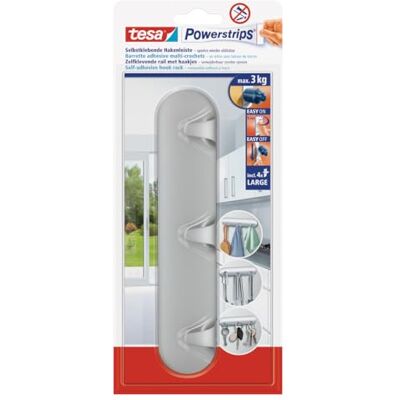 tesa Powerstrips Barra com ganchos crómio mate máx. 3 kg Conjunto de 3 ganchos autocolantes de plástico, para toalhas e utensílios de casa de banho ou cozinha tesa Powerstrips Barra com ganchos crómio mate máx. 3 kg Conjunto de 3 ganchos autocolantes de plástico, para toalhas e utensílios de casa de banho ou cozinha