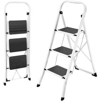 HBTower Escada de 3 degraus dobrável, aço resistente, antiderrapante, 4,5 cm de espessura, carga 150 kg, sem montagem, para cozinha, garagem, escritório HBTower Escada de 3 degraus dobrável, aço resistente, antiderrapante, 4,5 cm de espessura, carga 150 kg, sem montagem, para cozinha, garagem, escritório
