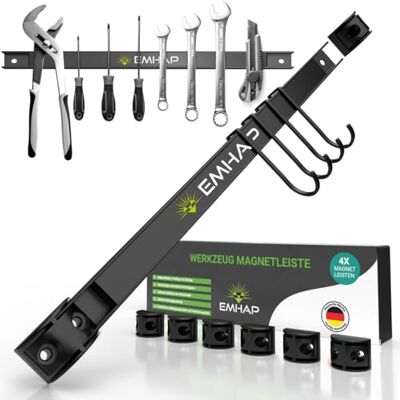 EMHAP © Conjunto de 4 barras magnéticas para ferramentas extrafortes, 46 cm de comprimento, universais, suporte para ferramentas, inclui 4 ganchos para pendurar e 8 peças de conexão EMHAP © Conjunto de 4 barras magnéticas para ferramentas extrafortes, 46 cm de comprimento, universais, suporte para ferramentas, inclui 4 ganchos para pendurar e 8 peças de conexão