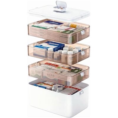 Kezidhp Caixa de medicamentos de 4 camadas, com alça e estaleiro de viagem 4 bandejas removíveis, estaleiro de viagem integrado em tampa, plástico PP livre de BPA, inodoro, resistente, multiusos Kezidhp Caixa de medicamentos de 4 camadas, com alça e estaleiro de viagem 4 bandejas removíveis, estaleiro de viagem integrado em tampa, plástico PP livre de BPA, inodoro, resistente, multiusos