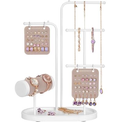 SONGMICS Suporte para jóia, armação de metal, 2 tabelas, 4 hastes de pendurar Organizador Expositor de Joya para Collares Pendientes Pulseras Relojes, Blanco, Colección CAELEY JJS025W01 SONGMICS Suporte para jóia, armação de metal, 2 tabelas, 4 hastes de pendurar Organizador Expositor de Joya para Collares Pendientes Pulseras Relojes, Blanco, Colección CAELEY JJS025W01