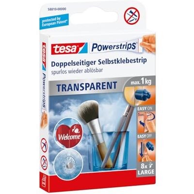 tesa Powerstrips transparentes para decoração 1 kg, embalagem de 8 Tiras transparentes para decorações leves autocolantes, até 1 kg removidas sem deixar marcas tesa Powerstrips transparentes para decoração 1 kg, embalagem de 8 Tiras transparentes para decorações leves autocolantes, até 1 kg removidas sem deixar marcas