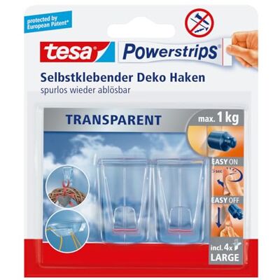 tesa Ganchos decorativos para vidro e superfícies transparentes 2 Ganchos transparentes para vidro, até 1 kg por gancho, fixação sem perfuração em superfícies transparentes tesa Ganchos decorativos para vidro e superfícies transparentes 2 Ganchos transparentes para vidro, até 1 kg por gancho, fixação sem perfuração em superfícies transparentes