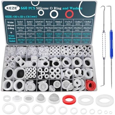 Keze Conjunto de 660 peças composto por 18 tamanhos de anéis de silicone transparentes e 14 tamanhos de arruelas de silicone, projetado para selar tubos, torneiras e mangueiras Keze Conjunto de 660 peças composto por 18 tamanhos de anéis de silicone transparentes e 14 tamanhos de arruelas de silicone, projetado para selar tubos, torneiras e mangueiras