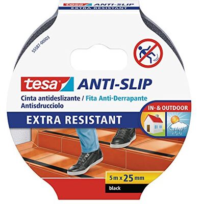 tesa Fita antiderrapante, fita adesiva antiderrapante para interiores e exteriores, adequada para degraus, rampas e pisos escorregadios, preto, 5 m x 25 mm tesa Fita antiderrapante, fita adesiva antiderrapante para interiores e exteriores, adequada para degraus, rampas e pisos escorregadios, preto, 5 m x 25 mm