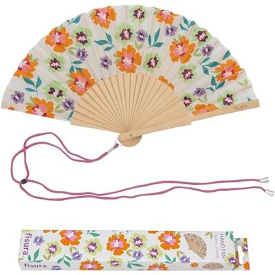 Fisura Ventilador original com estampado de flores. Fã de madeira moderno e colorido. Ventoinha de mão laranja e azul. Cabide incluído. Ideia de presente divertido. 42.5x23cm Fisura Ventilador original com estampado de flores. Fã de madeira moderno e colorido. Ventoinha de mão laranja e azul. Cabide incluído. Ideia de presente divertido. 42.5x23cm