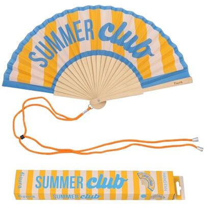 Fisura Ventilador original com mensagem "Summer Club". Fã de madeira moderno e colorido. Ventoinha de mão azul e amarelo. Cabide incluído. Ideia de presente divertida. 42.5x23cm Fisura Ventilador original com mensagem "Summer Club". Fã de madeira moderno e colorido. Ventoinha de mão azul e amarelo. Cabide incluído. Ideia de presente divertida. 42.5x23cm
