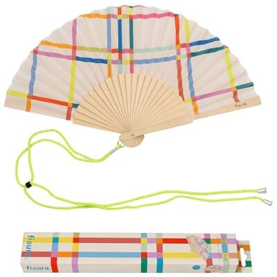 Fisura Ventilador original com estampado geométrico. Fã de madeira moderno e colorido. Ventoinha de mão multicolorida. Cabide incluído. Ideia de presente divertido. 42.5x23cm Fisura Ventilador original com estampado geométrico. Fã de madeira moderno e colorido. Ventoinha de mão multicolorida. Cabide incluído. Ideia de presente divertido. 42.5x23cm