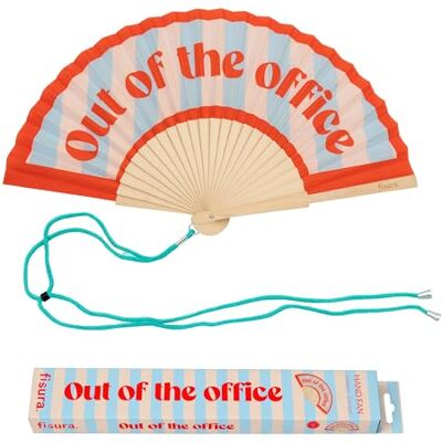 Fisura Ventilador original com mensagem "Out of the office". Fã de madeira moderno e colorido. Ventoinha de mão azul e vermelho. Cabide incluído. Ideia de presente divertida. 42.5x23cm Fisura Ventilador original com mensagem "Out of the office". Fã de madeira moderno e colorido. Ventoinha de mão azul e vermelho. Cabide incluído. Ideia de presente divertida. 42.5x23cm