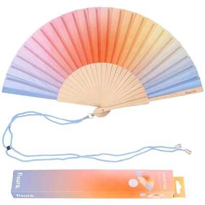 Fisura Ventilador original com estampado de ondas e riscas. Fã de madeira moderno e colorido. Ventoinha de mão rosa e verde. Cabide incluído. (Degradado, azul e laranja) Fisura Ventilador original com estampado de ondas e riscas. Fã de madeira moderno e colorido. Ventoinha de mão rosa e verde. Cabide incluído. (Degradado, azul e laranja)