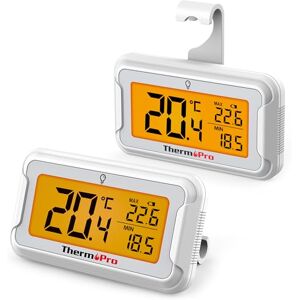 ThermoPro Termómetro para frigorífico com grande ecrã LCD retroiluminado, termómetro à prova de água para congelador com registo de máximos e mínimos, termómetro digital para frigorífico, 2 unidades ThermoPro Termómetro para frigorífico com grande ecrã LCD retroiluminado, termómetro à prova de água para congelador com registo de máximos e mínimos, termómetro digital para frigorífico, 2 unidades