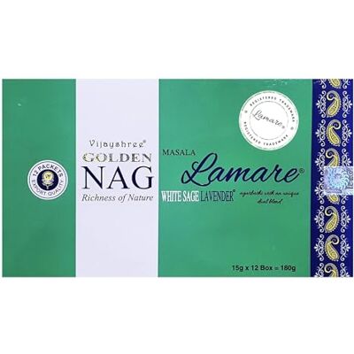 LAMARE Vijayshree Golden Nag Edição limitada, fragrância exclusiva sálvia branca e lavanda 12 caixas de 15 g = 180 g LAMARE Vijayshree Golden Nag Edição limitada, fragrância exclusiva sálvia branca e lavanda 12 caixas de 15 g = 180 g