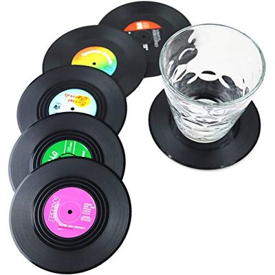 Dr.JIEER 6 porta-copos com forma de discos e CD de cor preto (6) Dr.JIEER 6 porta-copos com forma de discos e CD de cor preto (6)