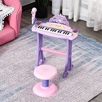 HOMCOM Teclado Electrónico Infantil 32 Teclas Piano para Niños Rosa Brinquedo musical, com microfone tamborete, luzes, variedade de sons, ritmos de melodias, MP3 Karaoke, modo de ensino HOMCOM Teclado Electrónico Infantil 32 Teclas Piano para Niños Rosa Brinquedo musical, com microfone tamborete, luzes, variedade de sons, ritmos de melodias, MP3 Karaoke, modo de ensino