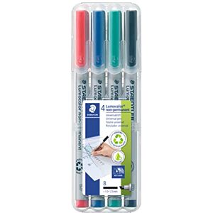 STAEDTLER Lumocolor Non-Permanent 312 WP4 Marcador de ponta biselada permanente (B) de 1,0 a 2,5 mm. Estojo exclusivo Box com 4 marcadores em cores preto, azul, vermelho e verde STAEDTLER Lumocolor Non-Permanent 312 WP4 Marcador de ponta biselada permanente (B) de 1,0 a 2,5 mm. Estojo exclusivo Box com 4 marcadores em cores preto, azul, vermelho e verde