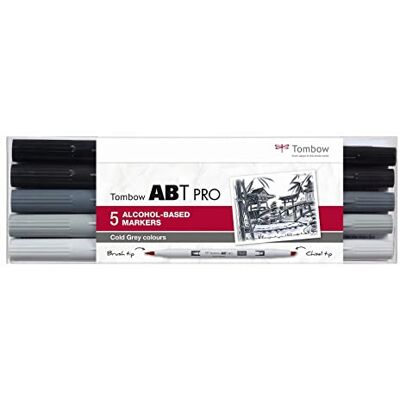 Tombow ABT PRO Conjunto de 5 marcadores à base de álcool, cor cinza frio Tombow ABT PRO Conjunto de 5 marcadores à base de álcool, cor cinza frio