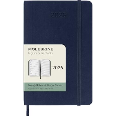 Moleskine Agenda semanal, agenda semanal 2026 12 meses com espaço para notas, com tampa branca e fecho elástico, formato Pocket 9 x 14, cor azul Moleskine Agenda semanal, agenda semanal 2026 12 meses com espaço para notas, com tampa branca e fecho elástico, formato Pocket 9 x 14, cor azul