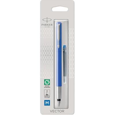 PARKER Vector caneta de tinta permanente cor azul com adorno cromado pena média tinta azul em blister PARKER Vector caneta de tinta permanente cor azul com adorno cromado pena média tinta azul em blister