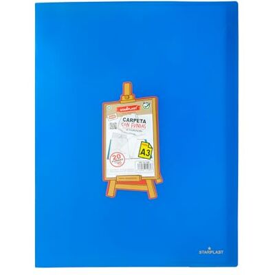 Starplast Pasta com 20 capas tamanho A3, cores básicas, para 40 páginas, polipropileno, escritório, escola, documentos, arquivo, 2 bolsos azul Starplast Pasta com 20 capas tamanho A3, cores básicas, para 40 páginas, polipropileno, escritório, escola, documentos, arquivo, 2 bolsos azul