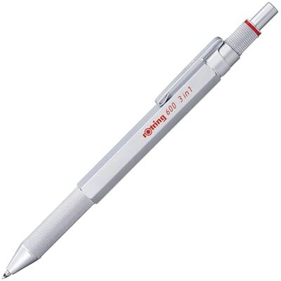 Rotring 600 Caneta multicolor e lapiseira 3 em 1 2 canetas de ponta fina (tinta preta e vermelha), 1 lapiseira (mina de 0,5 mm) corpo prateado Rotring 600 Caneta multicolor e lapiseira 3 em 1 2 canetas de ponta fina (tinta preta e vermelha), 1 lapiseira (mina de 0,5 mm) corpo prateado
