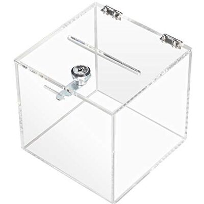 HMF Caixa de doação de acrílico com fechadura 15 x 15 x 15 cm, DIN A6, transparente HMF Caixa de doação de acrílico com fechadura 15 x 15 x 15 cm, DIN A6, transparente