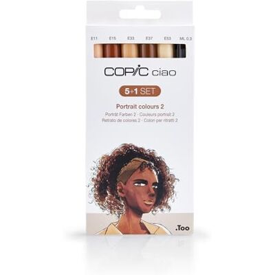 Copic Ciao 5+1 Set «Portrait Colours 2», 5 marcadores duplos com ponta média e ponta do pincel, incl. Multiliner preto 0,3 mm Copic Ciao 5+1 Set «Portrait Colours 2», 5 marcadores duplos com ponta média e ponta do pincel, incl. Multiliner preto 0,3 mm