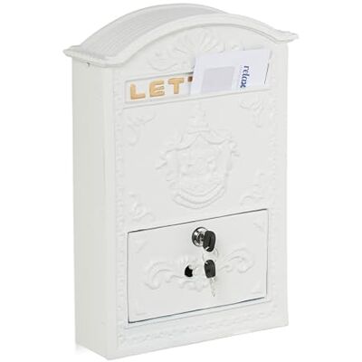Relaxdays Caixa de correio exterior vintage, compartimento de correio ornamentado, 42 x 28 x 10 cm, ranhura para cartas A4, 2 chaves, branco/dourado Relaxdays Caixa de correio exterior vintage, compartimento de correio ornamentado, 42 x 28 x 10 cm, ranhura para cartas A4, 2 chaves, branco/dourado