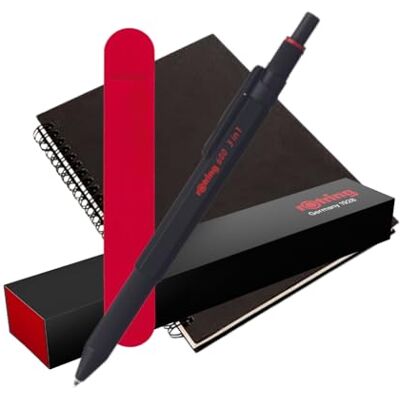 Rotring 600 canetas e lapiseira multicor 3 em 1 Barril preto caneta esferográfica (tinta preta e vermelha) lápis de 0,5 mm Caixa de presente caderno em espiral A5 bolsa de veludo Rotring 600 canetas e lapiseira multicor 3 em 1 Barril preto caneta esferográfica (tinta preta e vermelha) lápis de 0,5 mm Caixa de presente caderno em espiral A5 bolsa de veludo