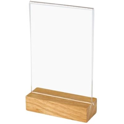 HMF Expositor de mesa de acrílico DIN A6 vertical, apresentação em ambos os lados, porta-cartões de mesa com base maciça de madeira de carvalho, expositor em T para escritório e hotelaria HMF Expositor de mesa de acrílico DIN A6 vertical, apresentação em ambos os lados, porta-cartões de mesa com base maciça de madeira de carvalho, expositor em T para escritório e hotelaria