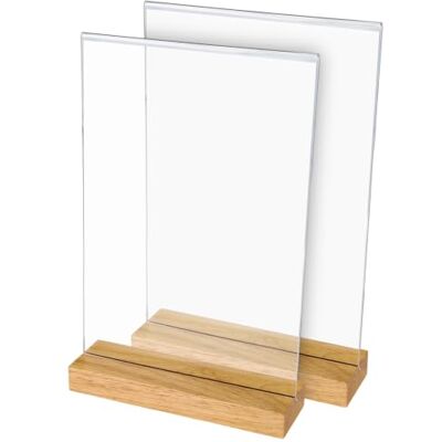 HMF Expositor de mesa de acrílico DIN A4 vertical, apresentação em ambos os lados, porta-cartões de mesa com base maciça de madeira de carvalho, expositor em T para escritório e hotelaria HMF Expositor de mesa de acrílico DIN A4 vertical, apresentação em ambos os lados, porta-cartões de mesa com base maciça de madeira de carvalho, expositor em T para escritório e hotelaria