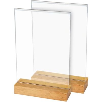 HMF Expositor de mesa de acrílico DIN A5 vertical, apresentação em ambos os lados, porta-cartões de mesa com base maciça de madeira de carvalho, 2 unidades, expositor em T para escritório e hotelaria HMF Expositor de mesa de acrílico DIN A5 vertical, apresentação em ambos os lados, porta-cartões de mesa com base maciça de madeira de carvalho, 2 unidades, expositor em T para escritório e hotelaria