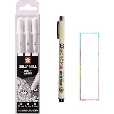 SAKURA Gelly Roll White Canetas Bright White em estojo, tamanho misto 05/08/10, ponta micron preto 05 SAKURA Gelly Roll White Canetas Bright White em estojo, tamanho misto 05/08/10, ponta micron preto 05